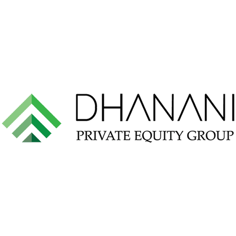 Logo of Dhanani Private Equity Group featuring three layered upward arrows.